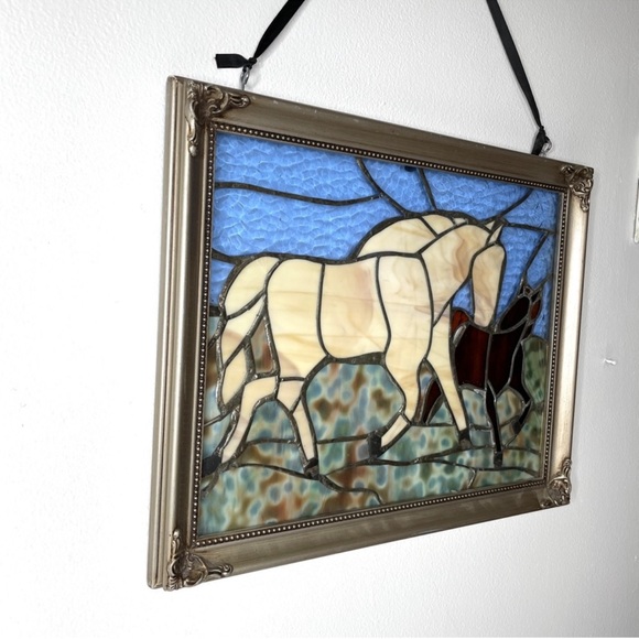 Framed Hanging Stained Glass Western Horses Handmade Wall Art - One of A Kind - Picture 5 of 12